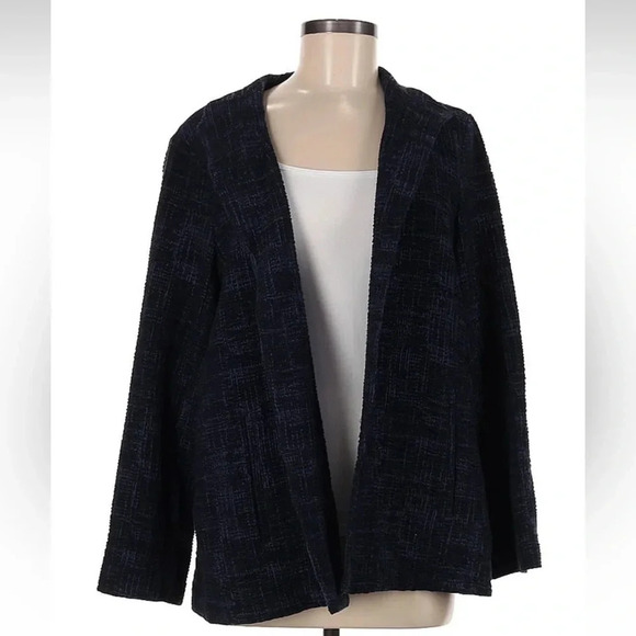 Eileen Fisher Crosshatch Cotton Tencel Stretch Navy Jacket Size Medium M EUC - Picture 3 of 10